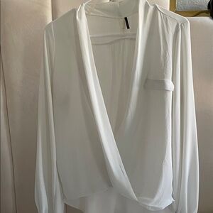 Elegant Low Cut White Draped Blouse
